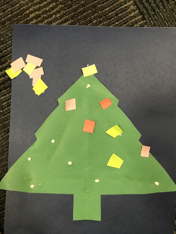 Paper cut out Christmas tree with colored square light bulbs