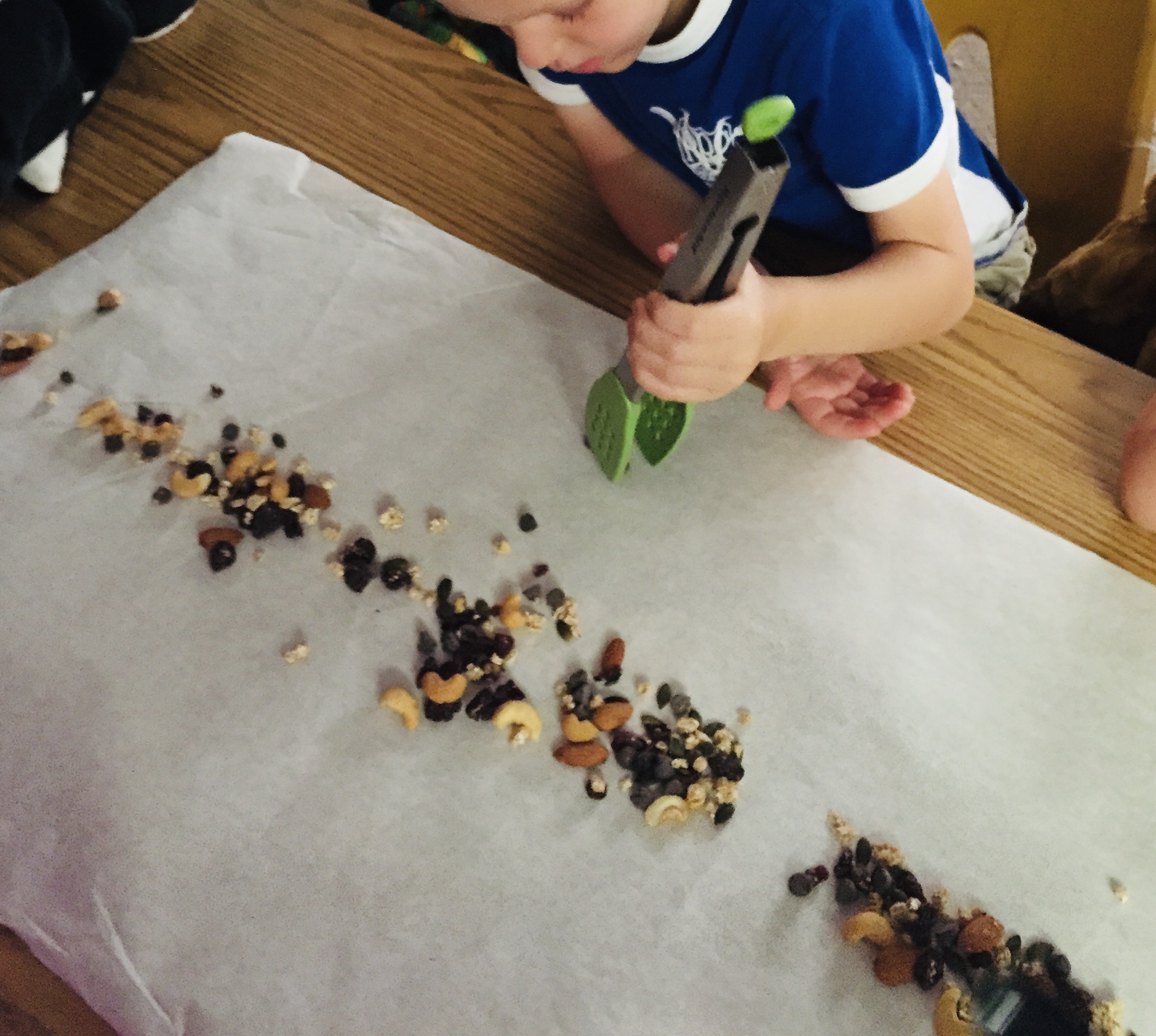 Kid playing with tongs and line of various nuts