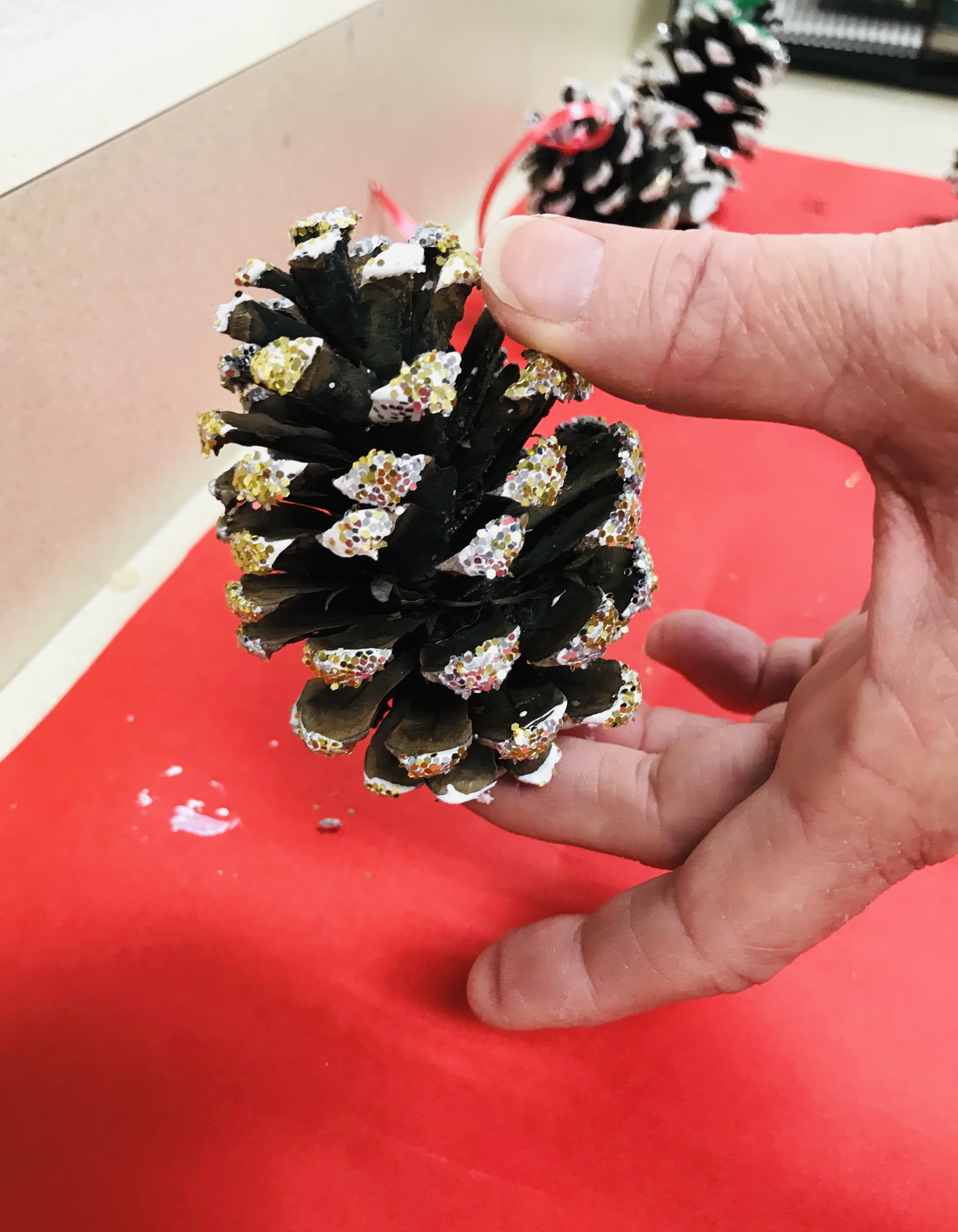 Holding glittered pine cones