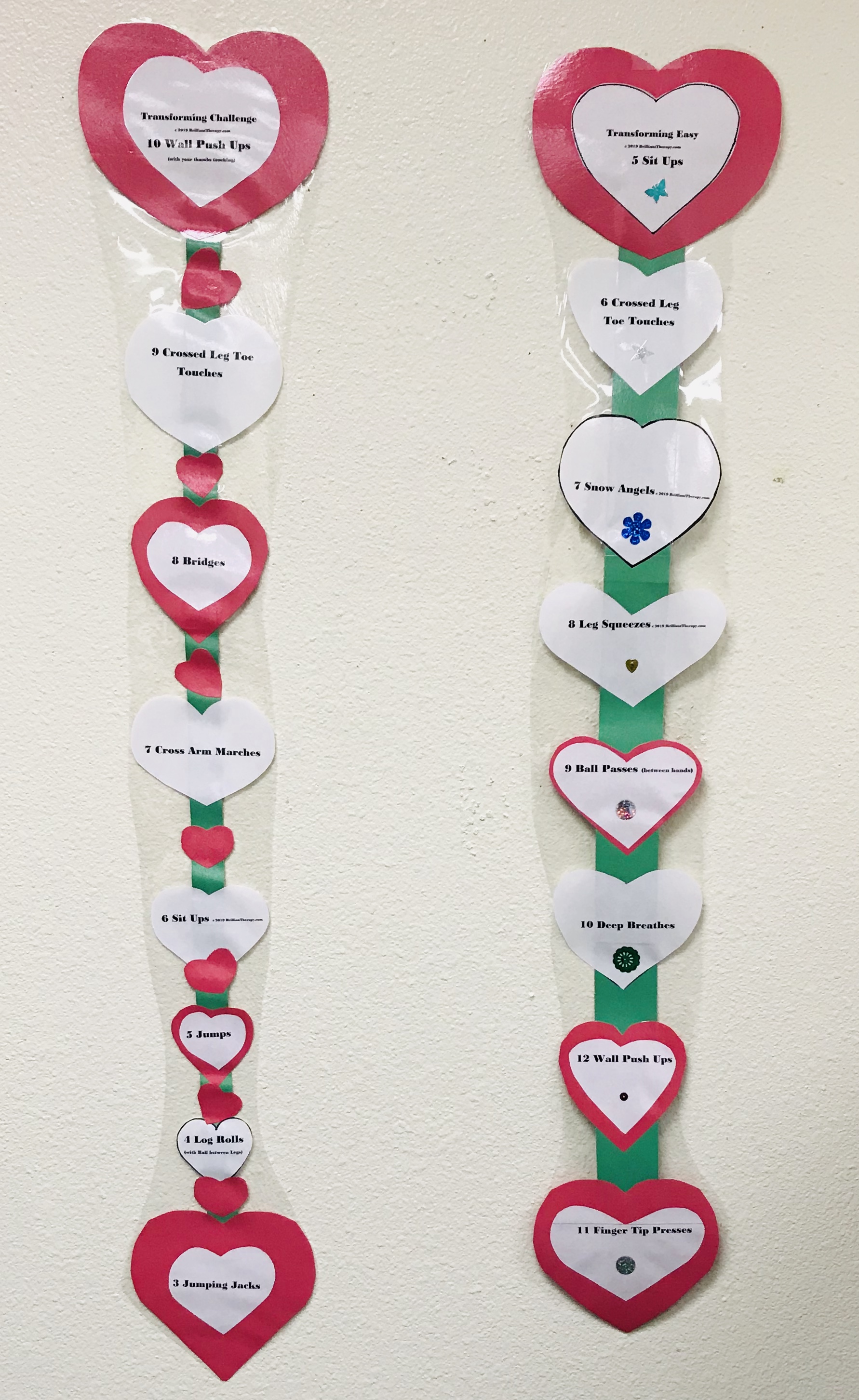 Laminated hearts on strips with various exercises