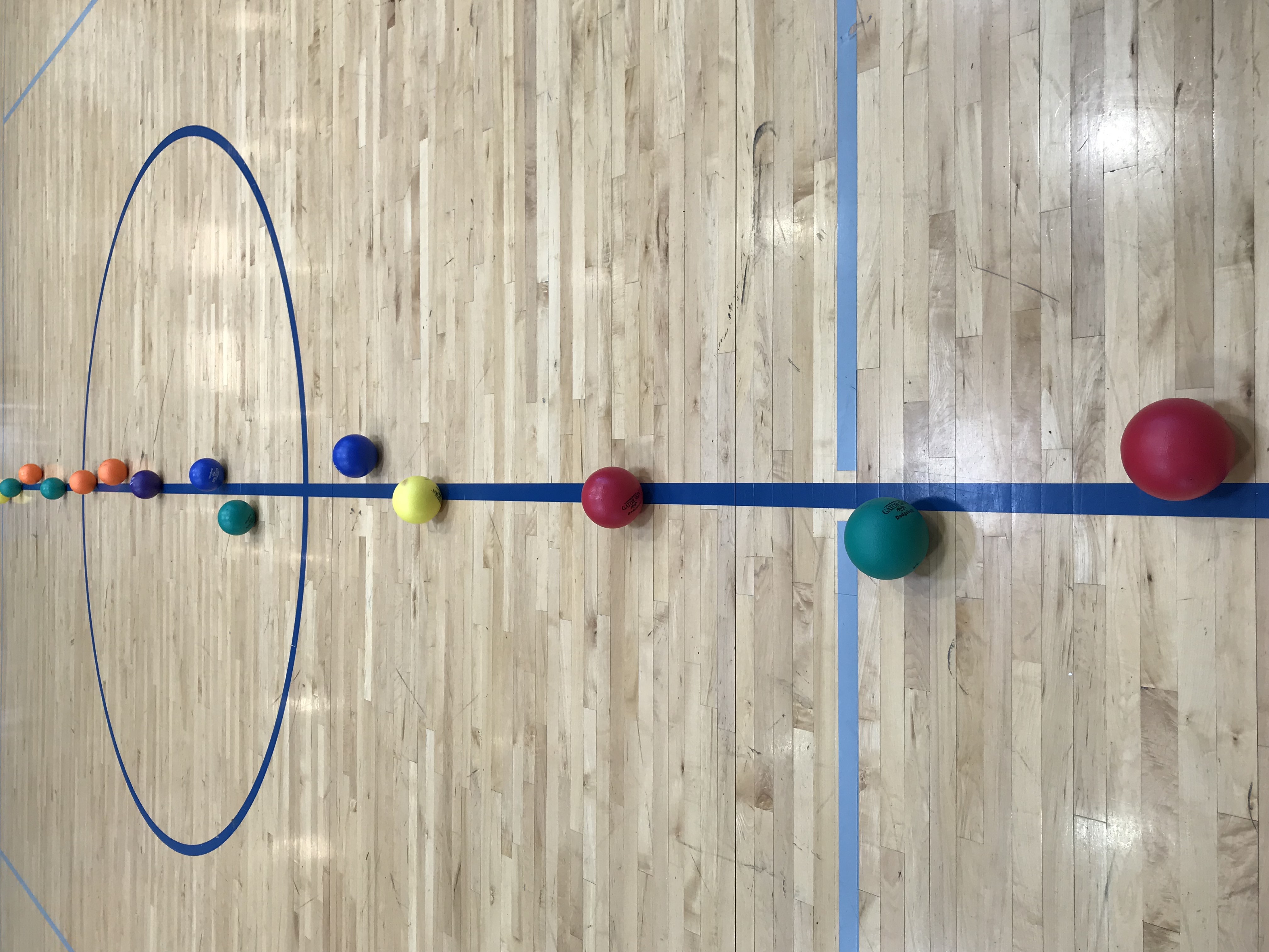 Dodgeballs on middle gym line