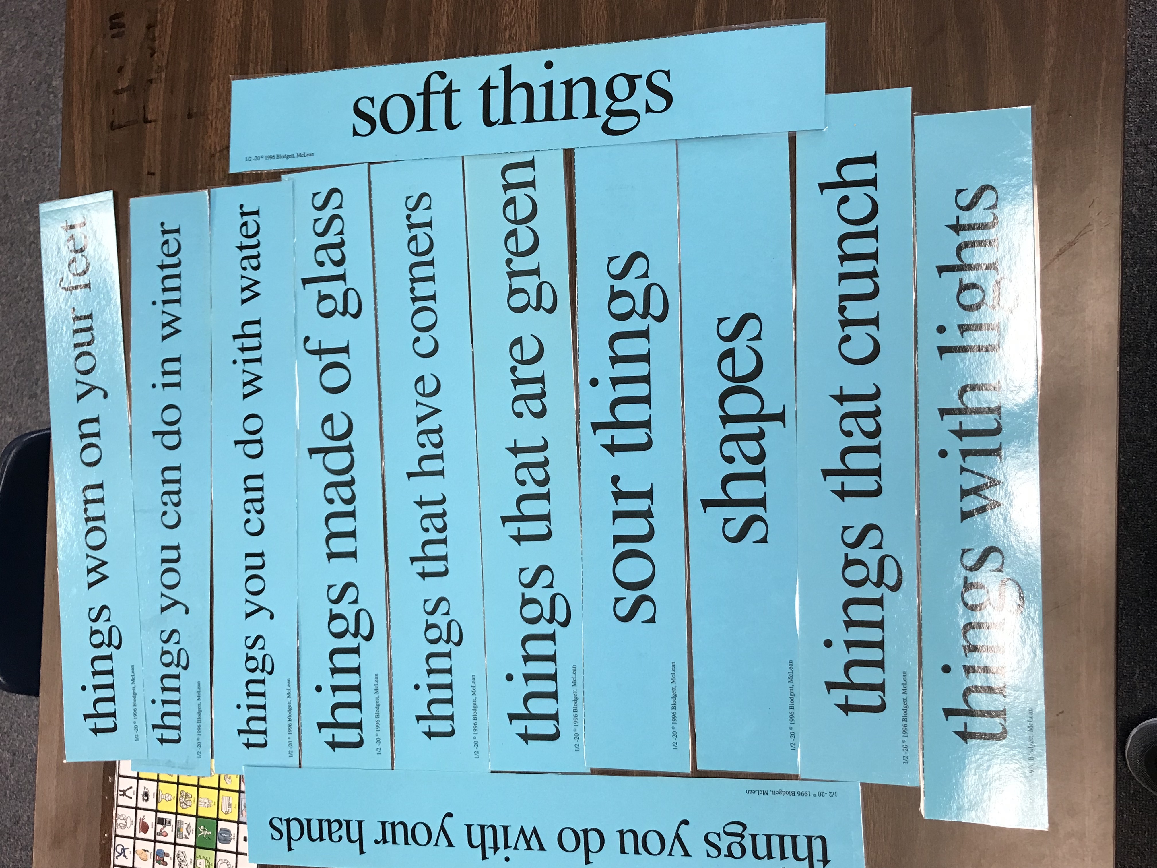 Laminated paper strips with words